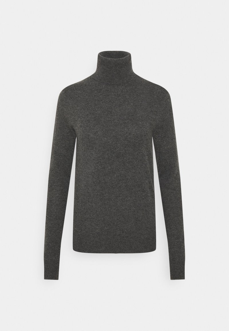 Pull gris foncé à col roulé et manches longues avec une silhouette ajustée, présenté sur un fond blanc uni.