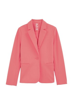 Veste rose clair en tissu lisse, dotée d'un col cranté, d'une fermeture à un bouton et de deux poches avant à ouverture plate.