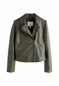 Giacca da biker in pelle verde oliva con colletto a revers, zip frontale asimmetrica e tre tasche con zip. Texture liscia e design aderente.