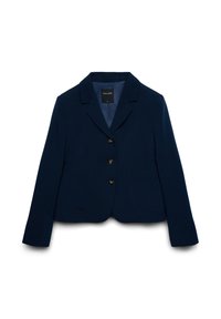 Blazer court bleu marine avec col structuré, boutons simples, deux poches avant et texture de tissu lisse. Étiquette visible à l'intérieur.