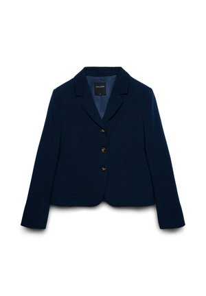Blazer blu navy corto con collo strutturato, bottoni monopetto, due tasche frontali e tessuto dalla texture liscia. Etichetta visibile all'interno.