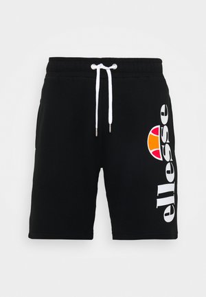 Calções de desporto pretos feitos de tecido suave, apresentando um cordão branco e um grande logótipo branco e laranja no lado esquerdo.