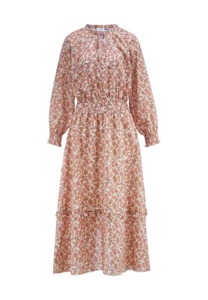 Abito midi a maniche lunghe floreale con vita elasticizzata, gonna a balze arricciata e scollo con laccetto in tonalità morbide di rosa, beige e marrone.