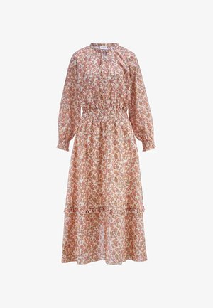 Abito midi a maniche lunghe floreale con vita elasticizzata, gonna a balze arricciata e scollo con laccetto in tonalità morbide di rosa, beige e marrone.