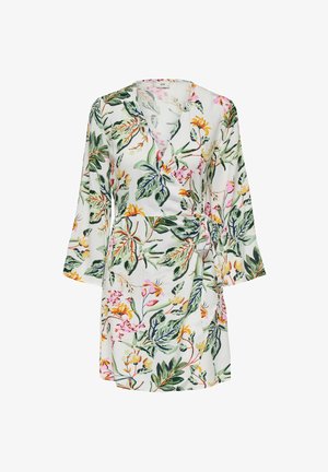 Floral wrap dress in lightweight fabric, featuring green leaves and colorful flowers on a white background. V-neck and three-quarter sleeves.