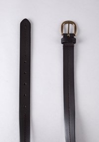 Brown leather belt with a tapered end, contrasting stitching, and a brass buckle. Features multiple adjustment holes along the strap.