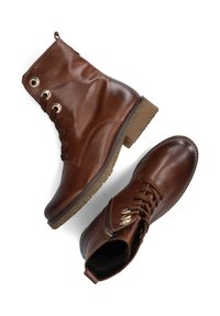 Een paar bruine leren enkellaarzen met veters, gouden oogjes, zijritsen en een gestructureerde rubberen zool op een witte achtergrond.