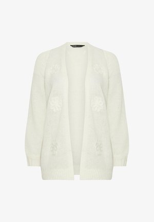 Witte gebreide cardigan met open voorkant, lange mouwen en subtiele bloemenpatronen op de voorkant en mouwen.