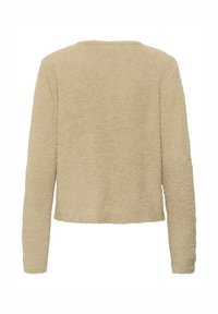 Šviesiai rudas purus megztinis su minkšta, tekstūruota medžiaga, apvaliu kaklu, ilgomis rankovėmis ir trumpu apačia. Nematomi jokių užsegimų ar raštų.