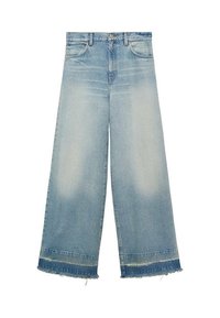 Light blue wide-leg jeans made of denim, featuring a faded wash, frayed hem, and two front pockets.
