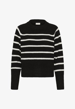 Zwarte gebreide trui met witte horizontale strepen over de borst en mouwen, met een ronde halslijn en geribde manchetten en onderrand.