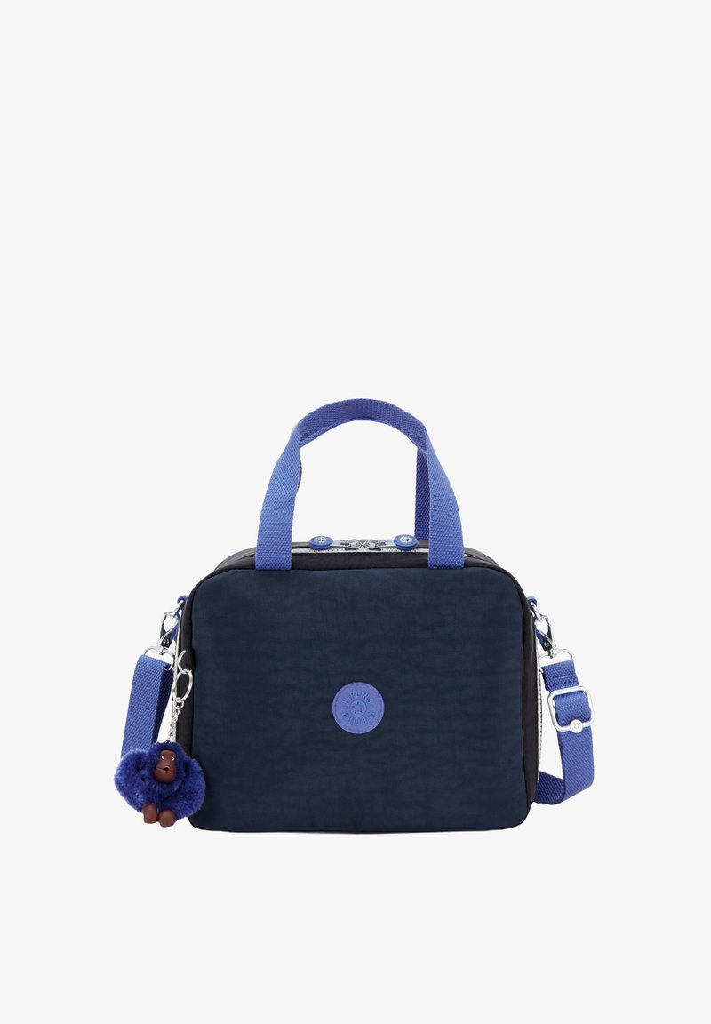 Borsa rettangolare blu navy con manici e tracolla azzurri, tessuto texture, bottone con logo e un charm a forma di scimmia.