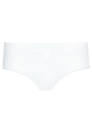 Białe bikini o gładkim materiale, z szerokim paskiem w talii i bez widocznych szwów, zapewniające bezszwowy wygląd.