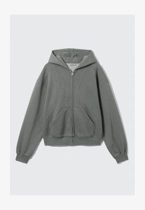 Sweat à capuche zippé gris clair en tissu doux. Il comprend une capuche, deux poches avant et des coutures courbes décoratives. Poignets et ourlet côtelés.