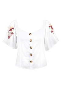 Blusa de algodón blanca con mangas cortas abullonadas. Presenta botones dorados en la parte delantera y bordados florales en rojo y amarillo en las mangas.