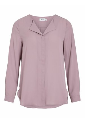 Light pink long-sleeve blouse with a pointed collar, button-down front, and curved hem. Smooth fabric; simple, clean design with no patterns.