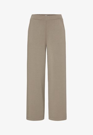 Pantaloni bej cu picioare largi, cu talie elastică și buzunare laterale, realizați dintr-un material moale și casual, potriviți pentru o purtare lejeră.