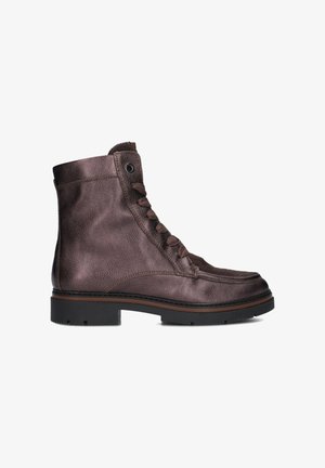 Brown metallic leather ankle boot with lace-up front, round toe, and textured surface. Features a sturdy black sole and stitching accents.