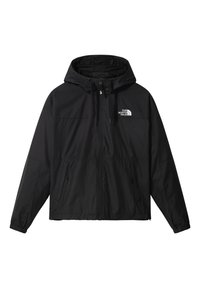 Černá větrovka s kapucí, předním zipem, dvěma postranními kapsami a logem "The North Face" na horní levé straně.