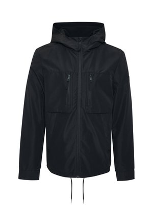 Black windbreaker jacket with a hood, featuring two chest pockets and an adjustable drawstring at the hem. Smooth, lightweight material.