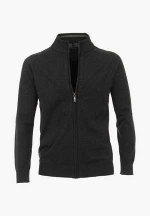 Donkergrijze cardigan met ritssluiting, voorzien van een geribde kraag en manchetten, met een gladde textuur en een slim fit ontwerp, met een ritssluiting aan de voorkant.