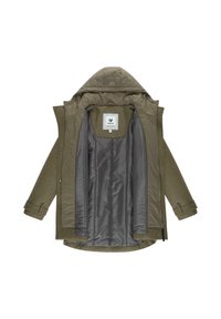 Olive green, hooded jacket with a soft texture, featuring a gray inner lining and a label inside. Snap and zip closures visible.