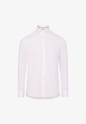 Helles rosa Langarmhemd aus glattem Stoff, mit einem klassischen Kragen, Knopfverschluss mit Perlenakzenten und abgerundetem Saum.