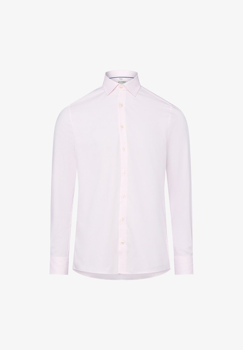 Camicia a maniche lunghe rosa chiaro realizzata in tessuto morbido, con colletto classico, chiusura frontale con bottoni e dettagli in perla, e orlo curvo.