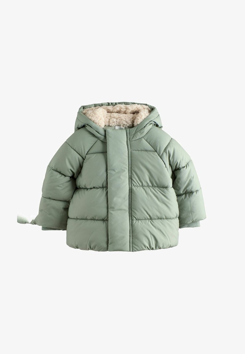 Giacca imbottita verde con cappuccio foderato in pelliccia, con zip frontale e polsini elasticizzati, sezioni spesse trapuntate e una vestibilità comoda.