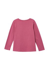 Langarm t-shirt van solide roze katoen met een ronde halslijn en platte naden. De achterkant toont een glad, gestroomlijnd ontwerp.