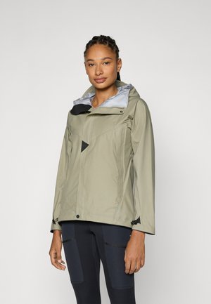 Water-resistant jacket in muted olive green with a gray lining. Features a hood, adjustable cuffs, and distinctive triangular accents.
