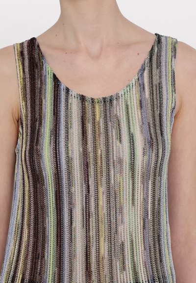 Knit sleeveless top featuring vertical stripes in various colors including brown, green, and purple, with a round neckline and textured finish.