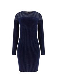 Abito navy a coste con maniche lunghe, dettagli trasparenti a strisce sulle spalle, design aderente e tessuto elasticizzato per una vestibilità comoda.