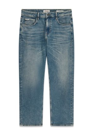 Jean denim bleu à jambes droites avec poches avant, fermeture par bouton, et détails de décoloration sur les cuisses et les genoux.