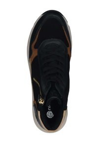 Black suede and leather sneaker featuring brown accents, a gold zipper detail, and a black lace-up design. Rubber outsole and padded collar.