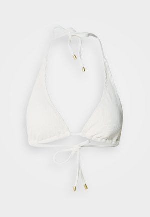 Top de bikini blanco de algodón con un diseño texturizado acanalado. Cuenta con cordones ajustables con puntas metálicas doradas. Forma clásica de triángulo.