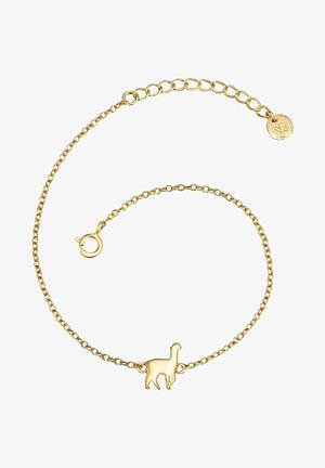 Zelta ķēdītes aproce ar nelielu, teksturētu lamas siluetu kā centrālo piekari, ar drošu omā un regulējamu garumu.