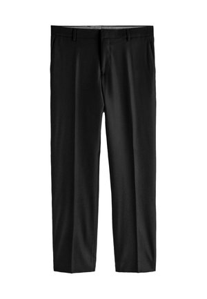 Black dress pants with a smooth texture, flat front, straight leg design, and two side pockets. Features belt loops and a zipper fly.