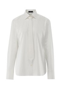 Camicia bianca a maniche lunghe con colletto appuntito e cravatta abbinata. Presenta un tessuto di cotone liscio e un taglio dritto con patta a bottoni.