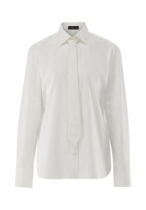 Weißes langärmeliges Hemd mit spitzem Kragen und passender Krawatte. Hergestellt aus glattem Baumwollstoff und mit einem geraden Schnitt sowie durchgehender Knopfleiste.