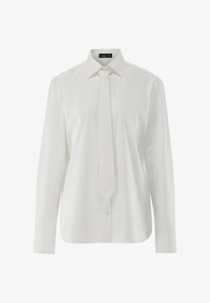 Weißes langärmeliges Hemd mit spitzem Kragen und passender Krawatte. Hergestellt aus glattem Baumwollstoff und mit einem geraden Schnitt sowie durchgehender Knopfleiste.