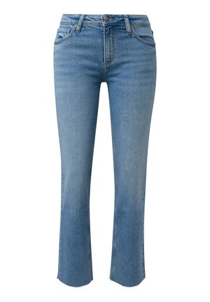 Lichtblauwe spijkerbroeken met lichte uitlopende pijpen, vijfzakkenstijl, knoop- en ritssluiting, en ruwe zoomranden.