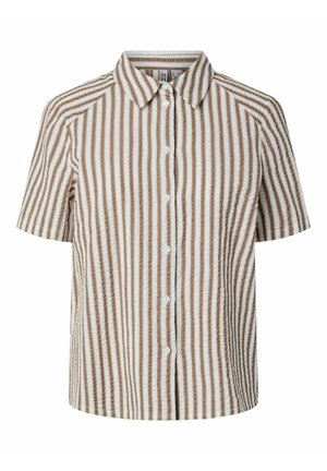 Chemise à manches courtes à boutons avec des rayures verticales beiges et blanches et un col pointu.