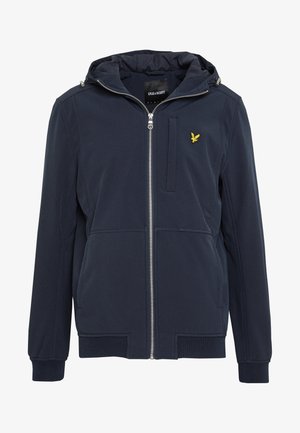 Navy hooded jacket made of soft fabric, featuring a front zipper, ribbed cuffs, and a small yellow logo on the chest.