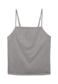 Šedá bavlněná tílko s nastavitelnými ramínky, rovný výstřih a strukturovaná látka. Má jednoduchý, nezdobený design.