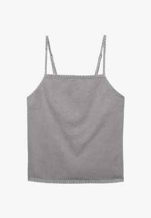 Camisole en coton gris avec bretelles ajustables, encolure droite et tissu texturé. Présente un design simple et sans ornements.