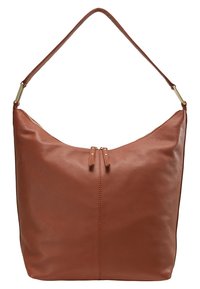 Ruskea nahkainen olkakassi, jossa on sileä pinta, vetoketjukiinnitys ja yksi hihna. Mukana on vinot sivut ja vähäiset metalliosat.