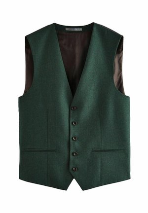 Grüner Wollweste mit glatter Oberfläche, fünf schwarzen Knöpfen, zwei Fronttaschen und einem tiefen V-Ausschnitt. Das Innenfutter ist mit einem dunklen Stoff ausgekleidet.