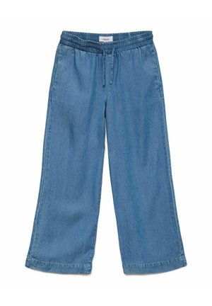 Bredbenede blå denim bukser med elastisk talje og snøre, med sidelommer og afslappet pasform.