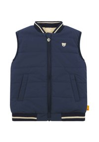 Gilet senza maniche in navy, imbottito, con zip frontale, logo dell'orso sul petto, foderato in crema, colletto e orli in maglia elastica, tasche laterali.